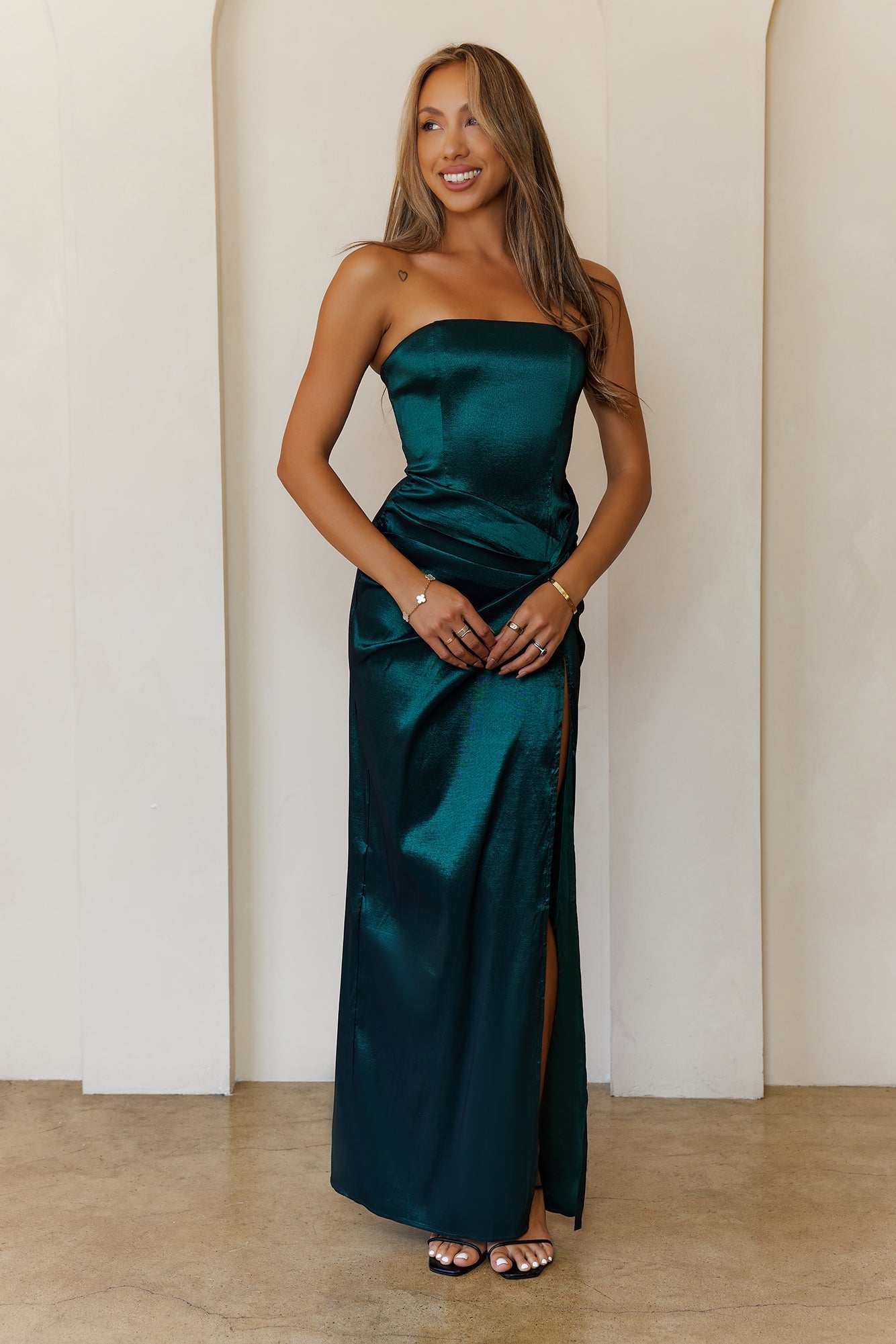 Soulmate Magic Strapless Satin Maxi Dress Green