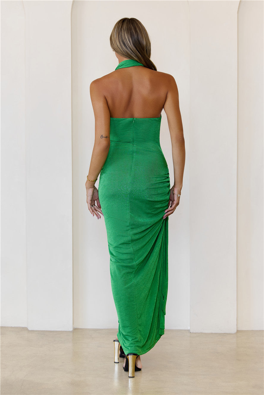 Scrunch Tie Halter Jersey Maxi Dress Green
