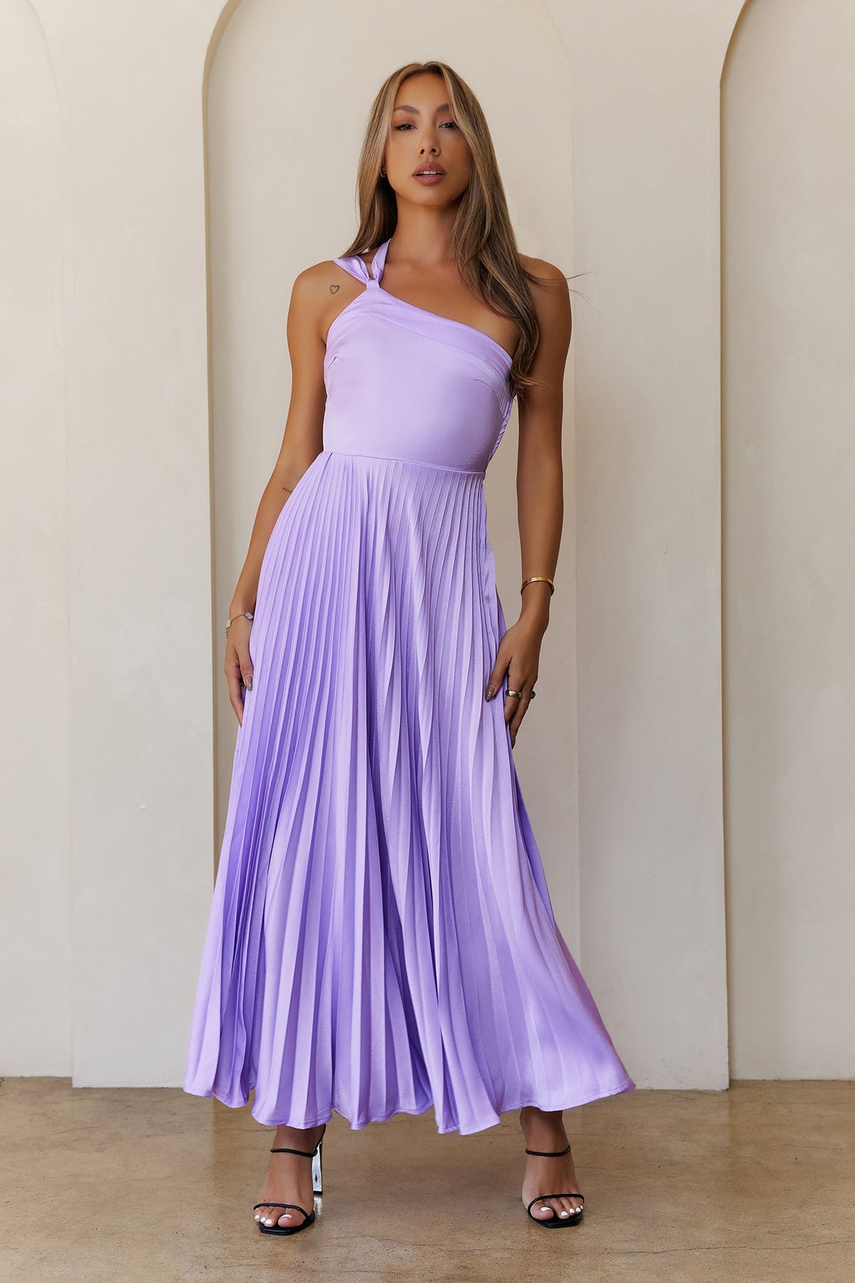 Rosé Reverie One Shoulder Satin Maxi Dress Lilac