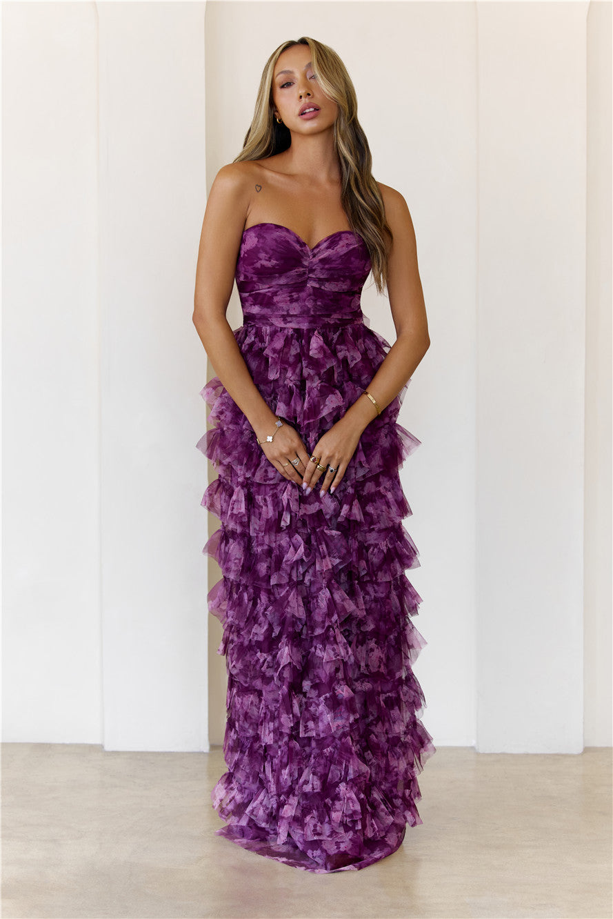 Festival Of You Strapless Tulle Maxi Dress Wine