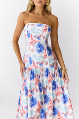 Palm Oasis Strapless Midi Dress Blue