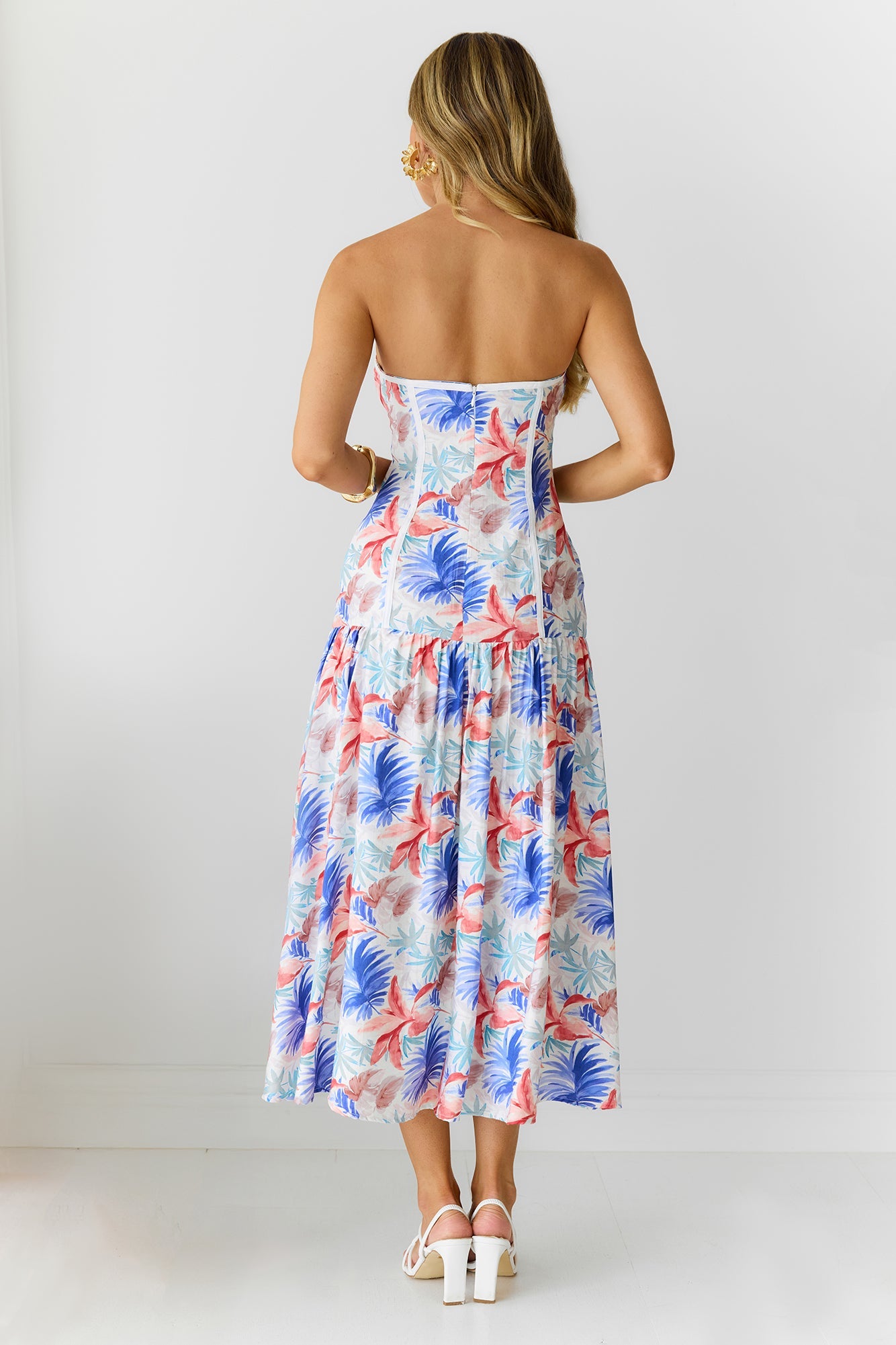Palm Oasis Strapless Midi Dress Blue