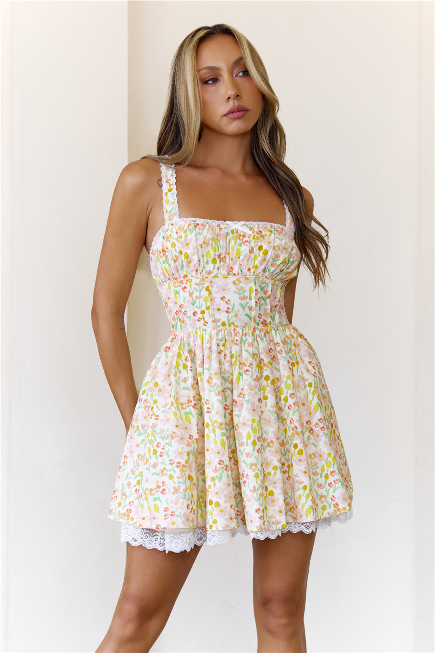 Cottage Charm Milkmaid Mini Dress Yellow