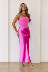 Luxe Attitude Satin Mesh Strapless Maxi Dress Pink