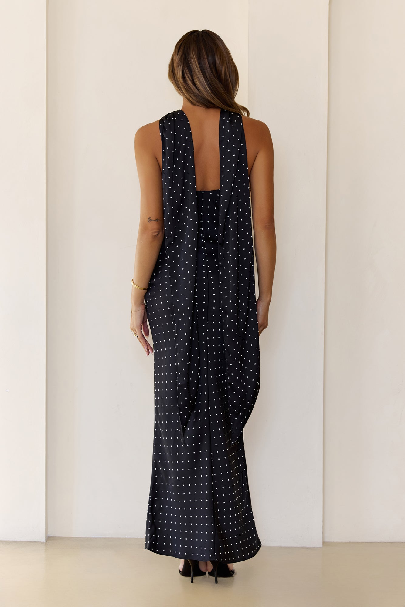 Orchid Dusk Polka Dot Satin Maxi Dress Black