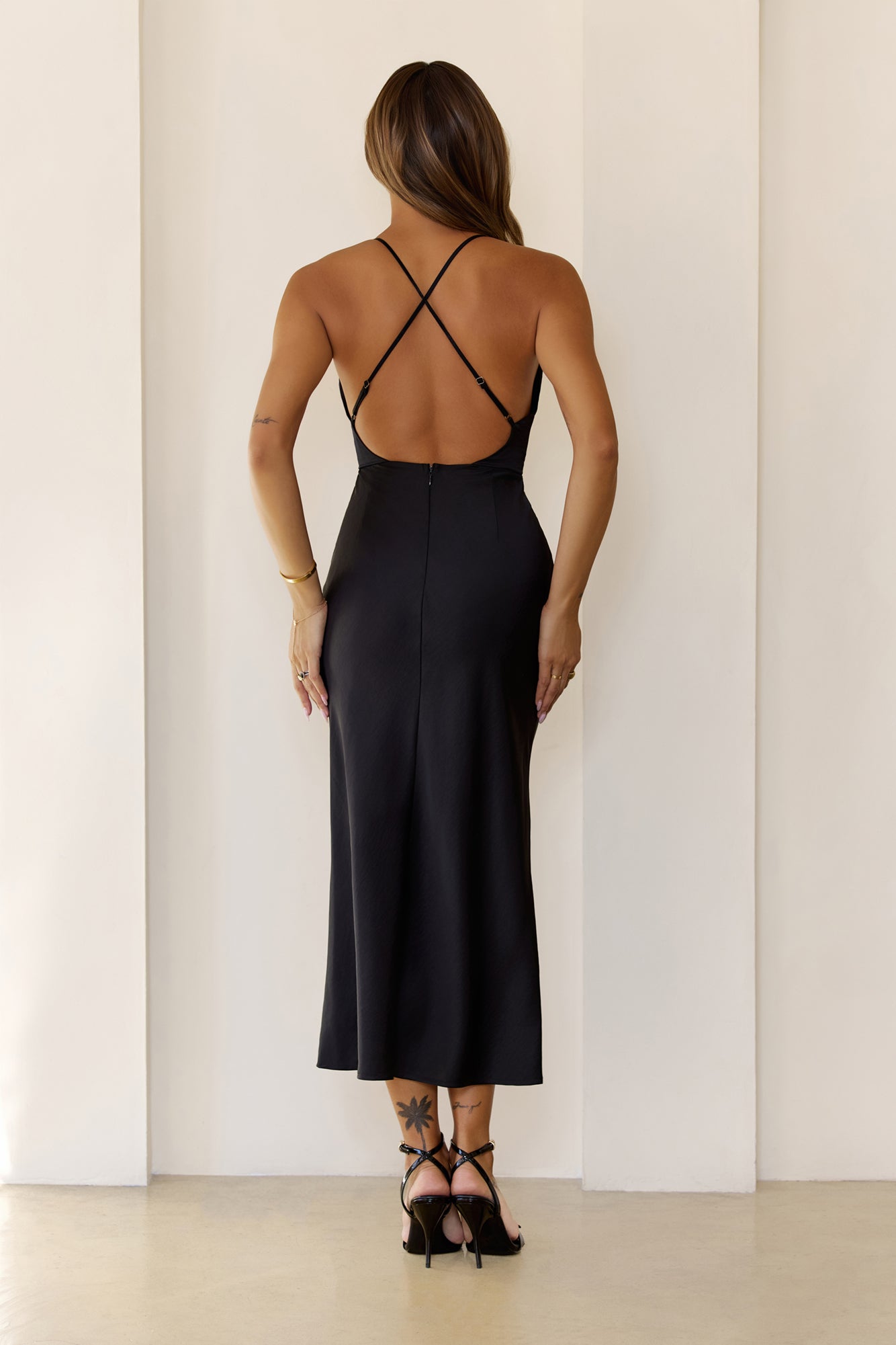 Invitation Only Satin Midi Dress Black