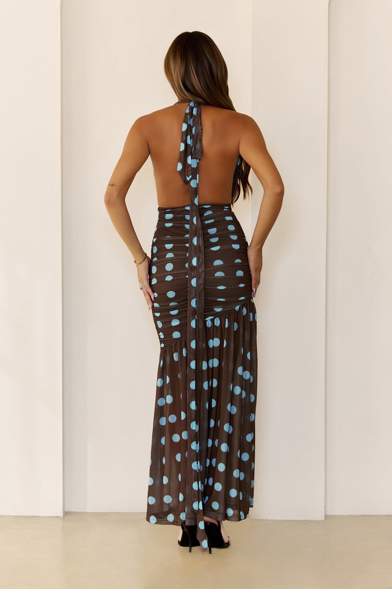 The Darling Dot Edit Halter Maxi Dress Brown