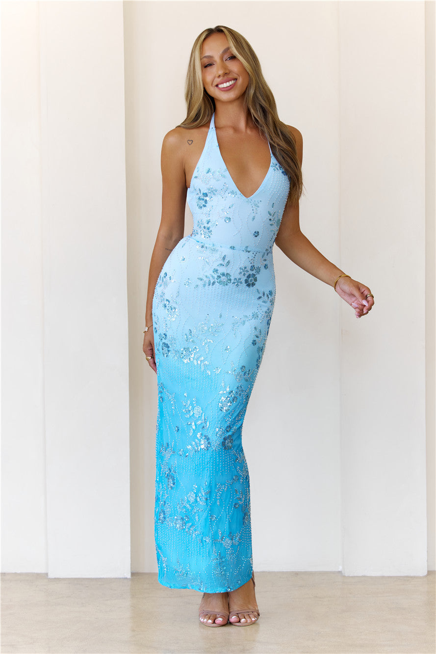 Style Iconic Mesh Embellished Halter Maxi Dress Blue