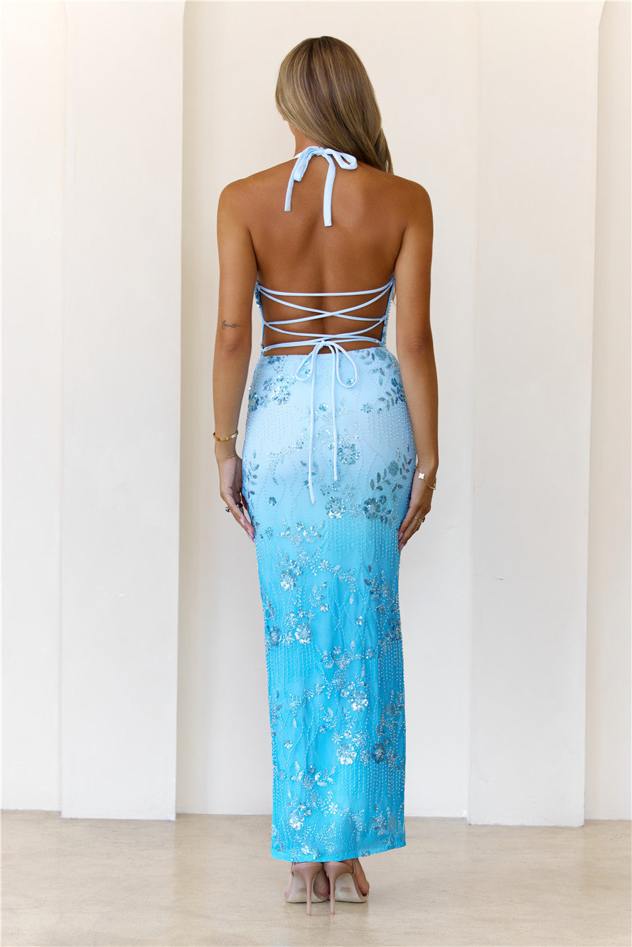 Style Iconic Mesh Embellished Halter Maxi Dress Blue