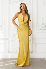 Nightfall Noir Halter Satin Maxi Dress Gold