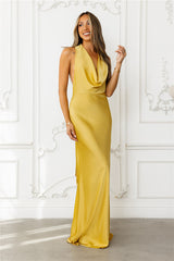 Nightfall Noir Halter Satin Maxi Dress Gold