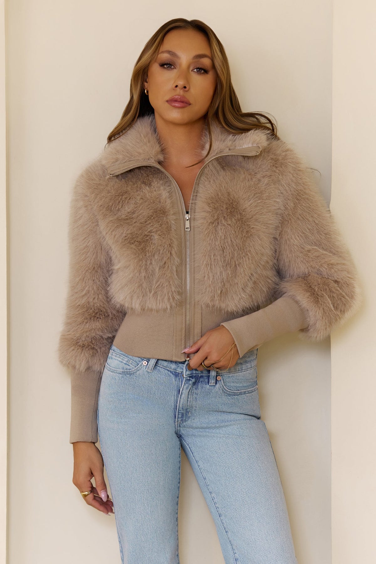 Midnight Whimsy Faux Fur Jacket Taupe