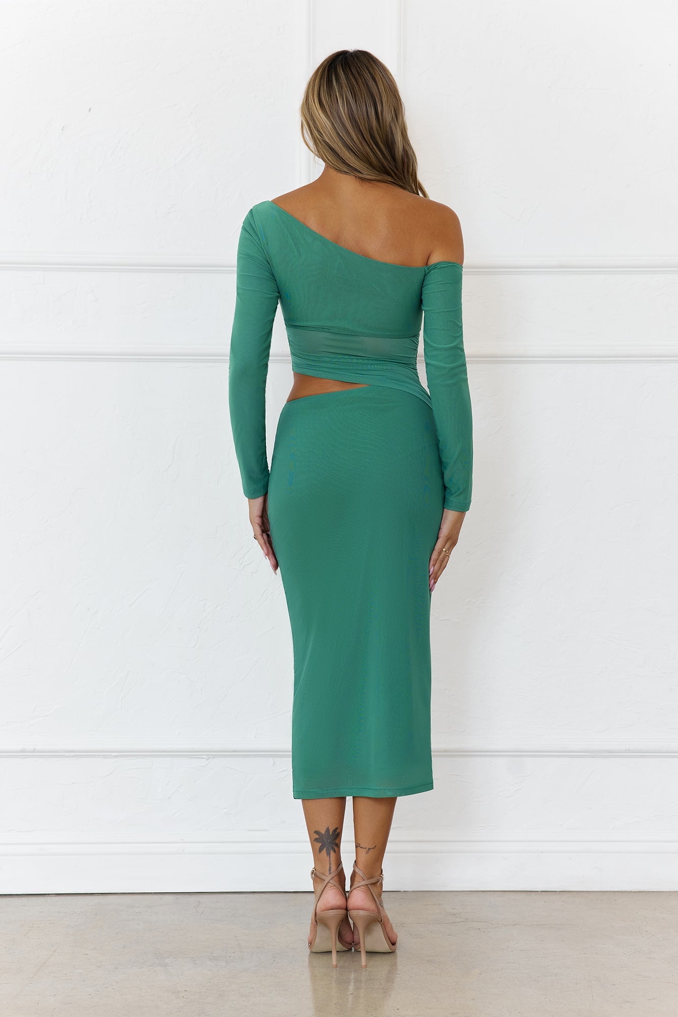 More To Want Long Sleeve Mesh Midi Dress Green