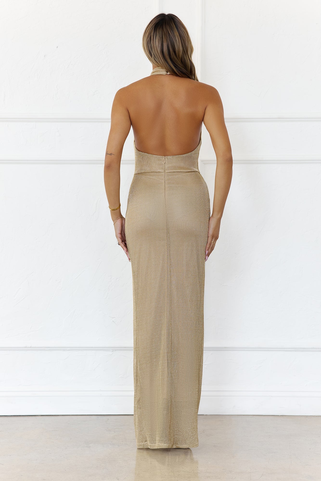 Champagne Horizon Halter Knit Maxi Dress Gold