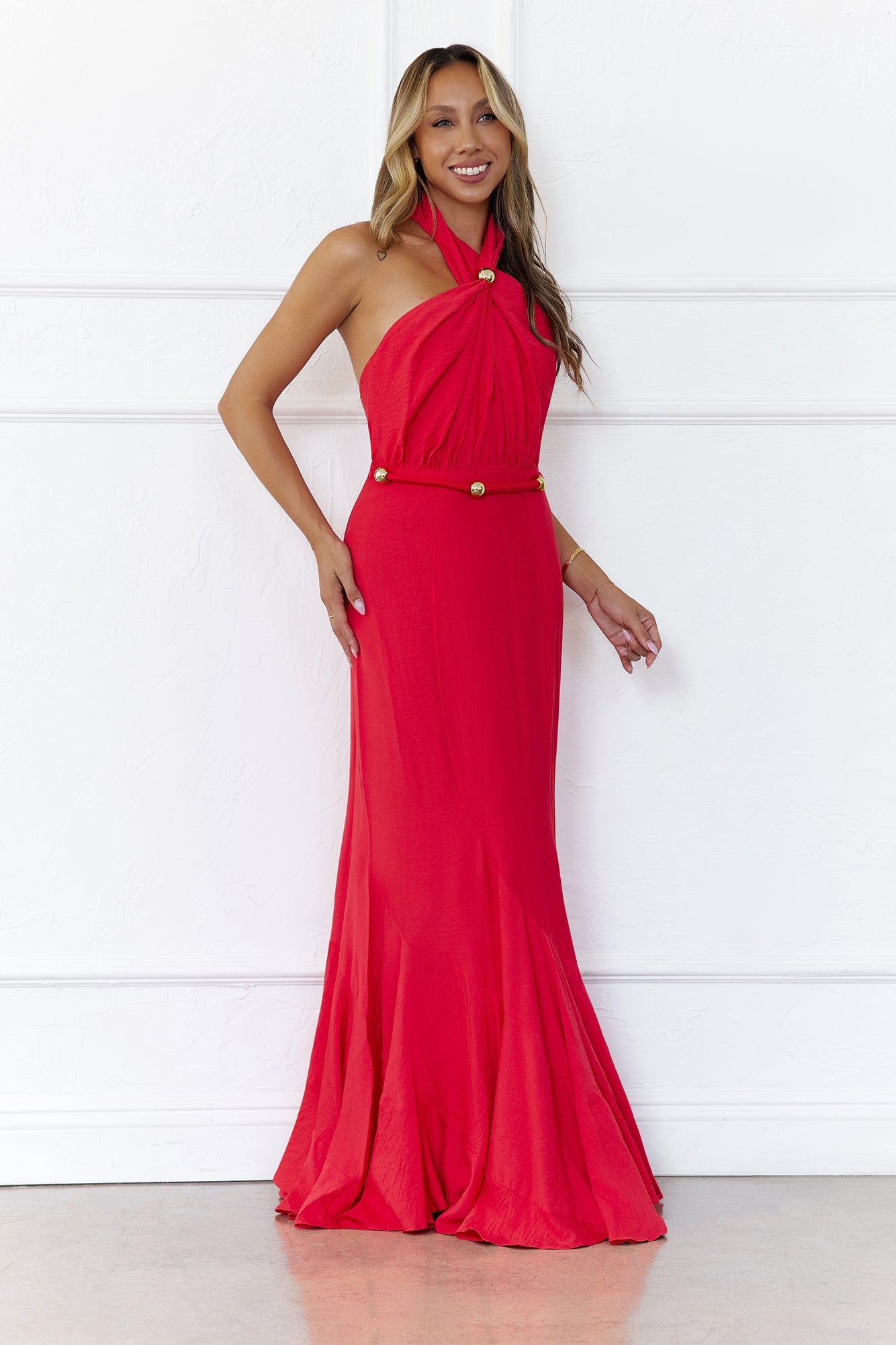 Gilded Dusk Halter Maxi Dress Coral