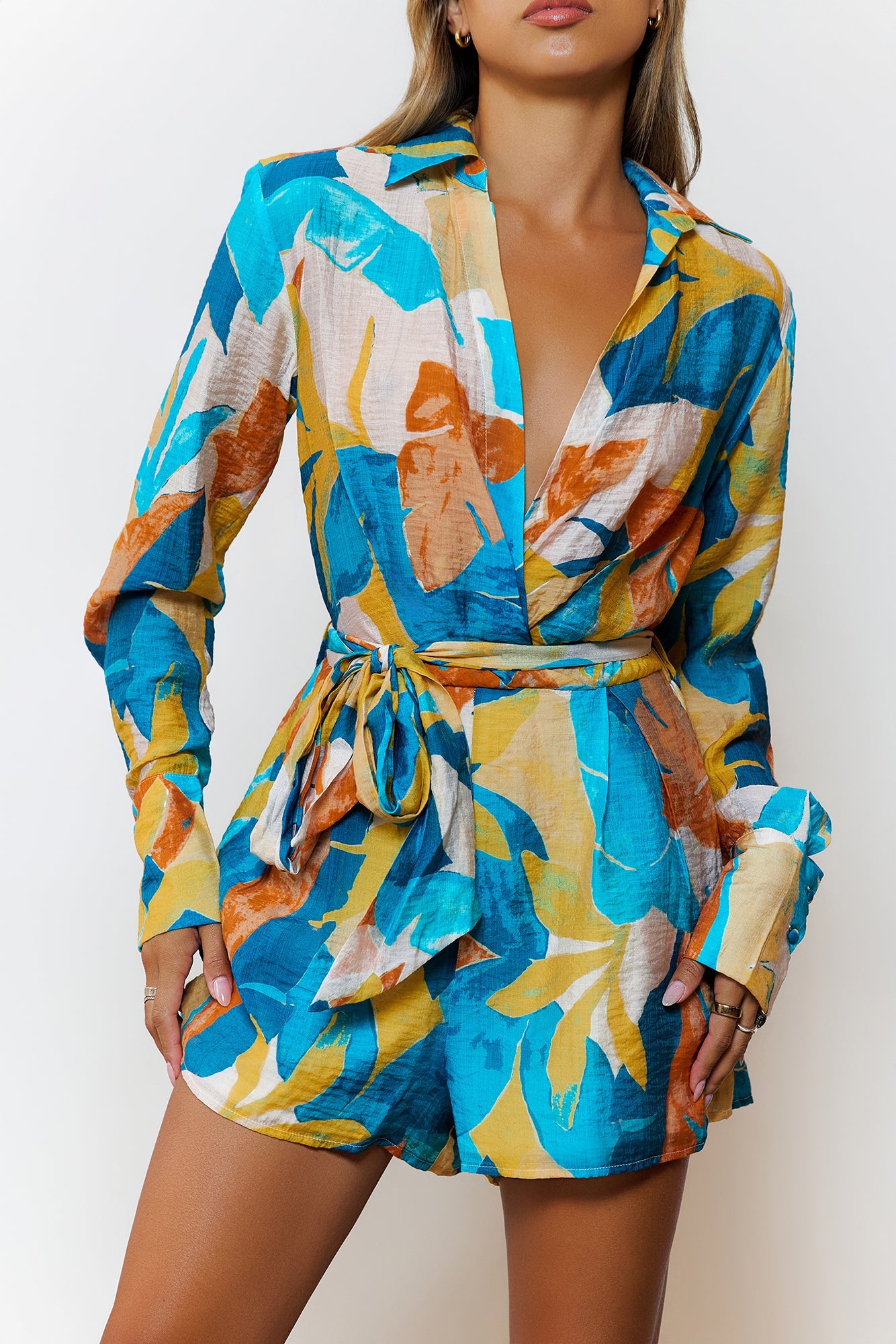 Tropic Tempo Long Sleeve Romper Teal