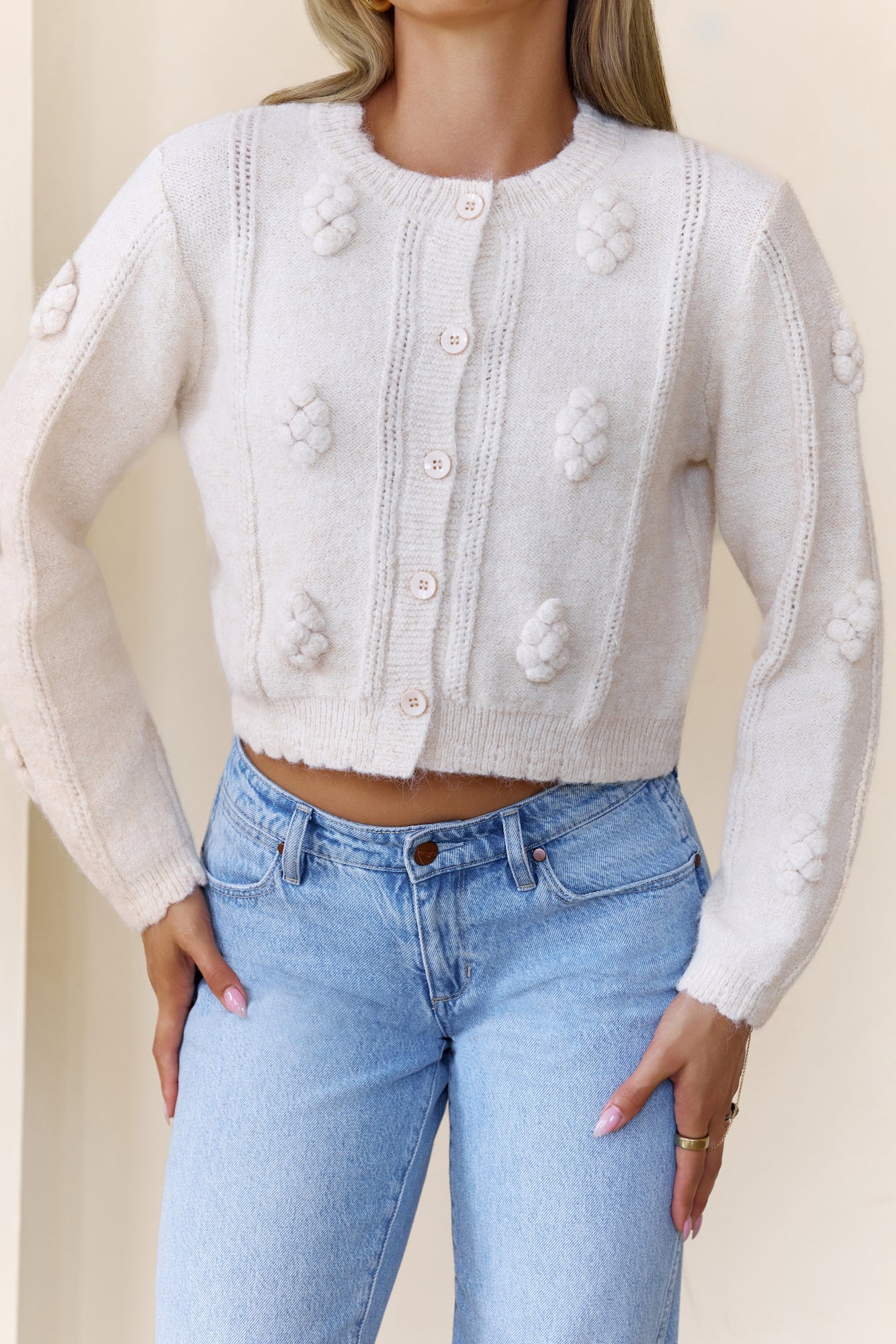 Pom Pom Long Sleeve Knit Cardigan Cream