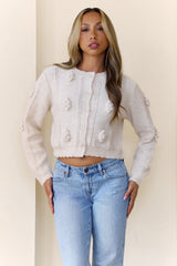 Pom Pom Long Sleeve Knit Cardigan Cream