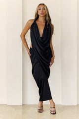 Midnight Petals Halter Maxi Dress Black