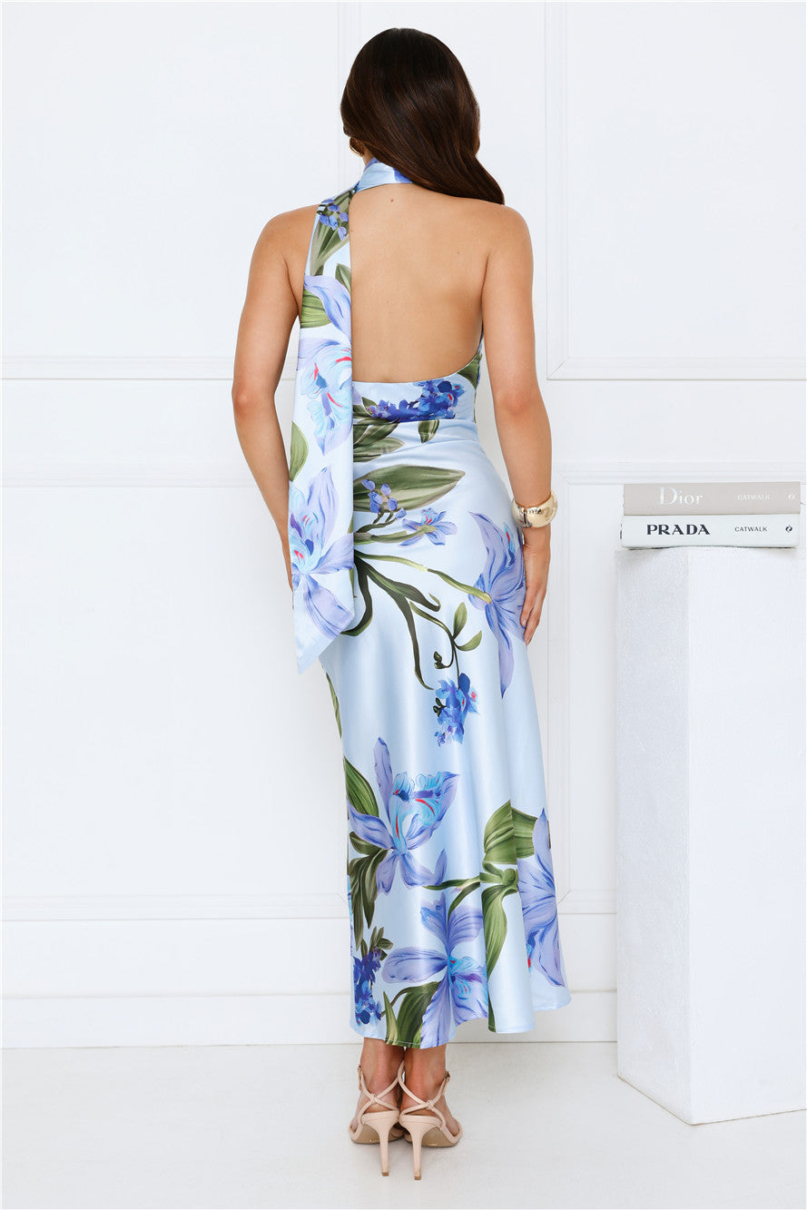 Romance In Bloom Satin Maxi Dress Blue