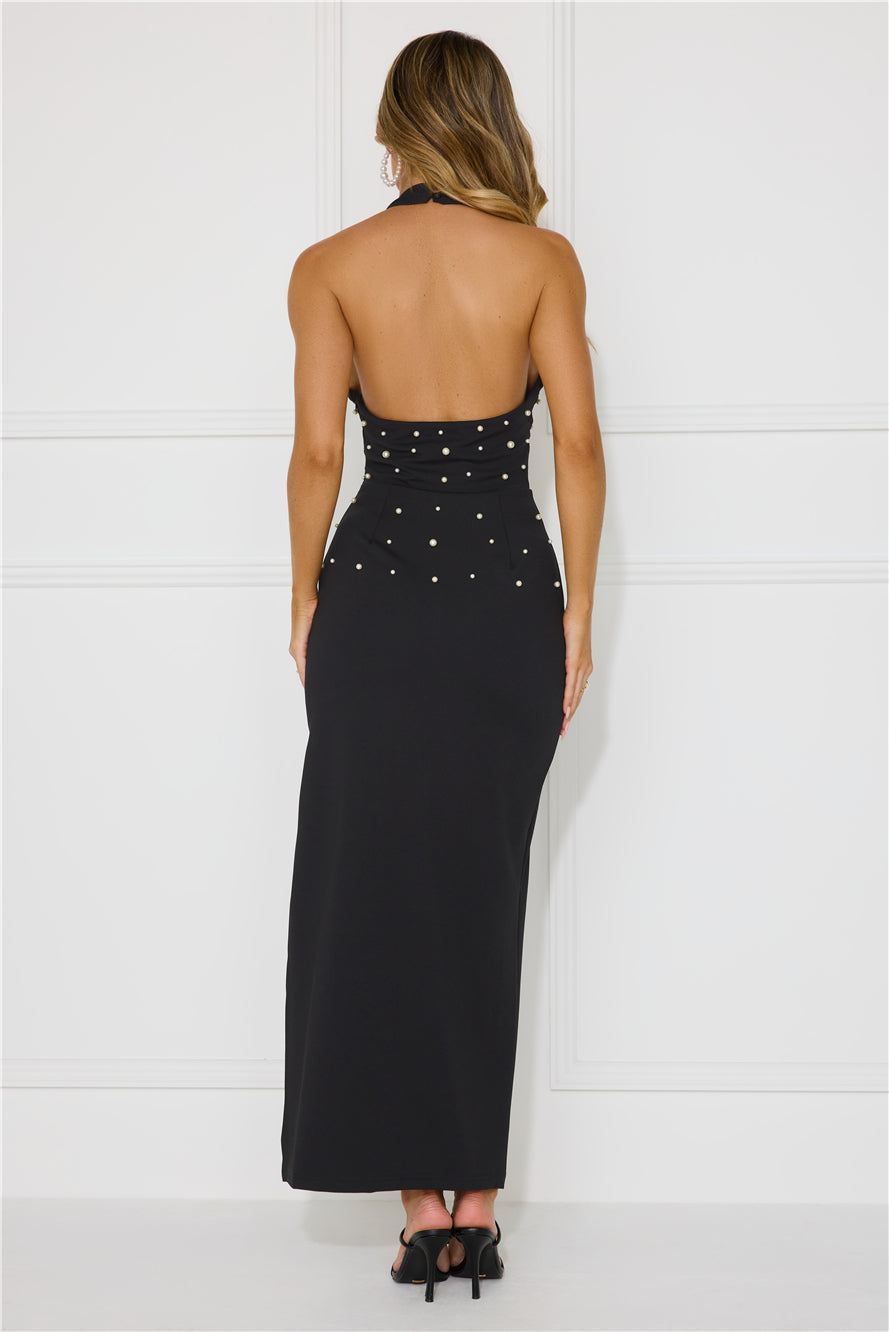 Ocean Beauty Halter Pearl Maxi Dress Black