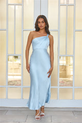 Graceful Elegance One Shoulder Satin Maxi Dress Light Blue