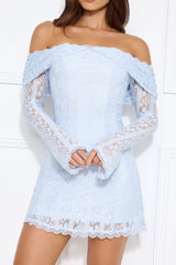 Secret Smile Lace Off Shoulder Mini Dress Blue
