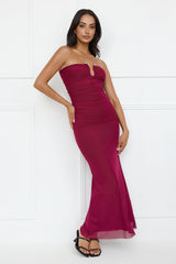 Noir Seduction Strapless Mesh Maxi Dress Burgundy