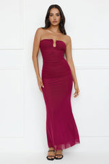 Noir Seduction Strapless Mesh Maxi Dress Burgundy