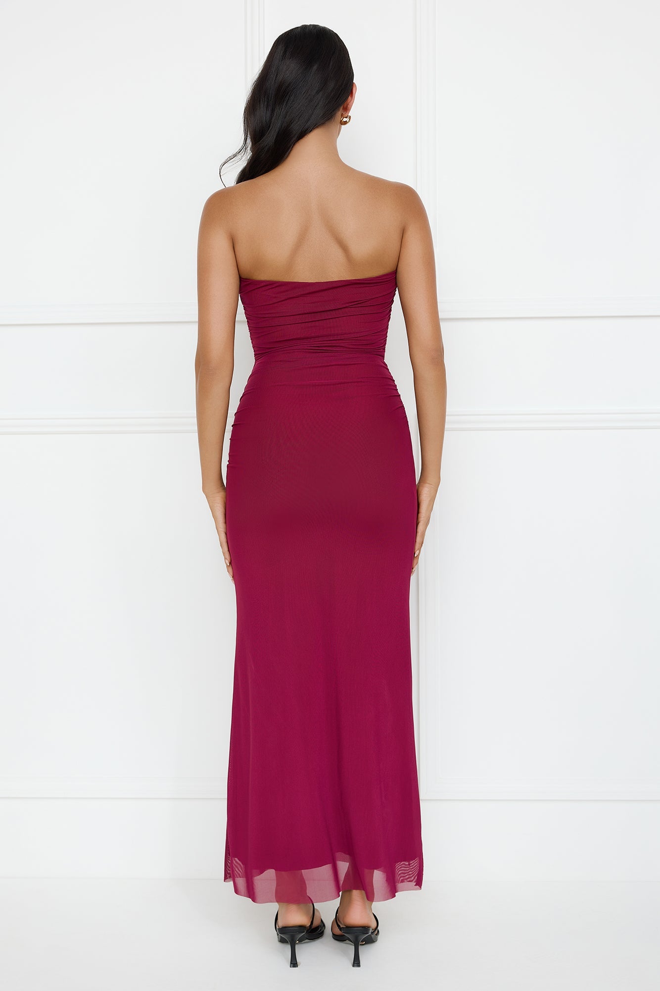 Noir Seduction Strapless Mesh Maxi Dress Burgundy