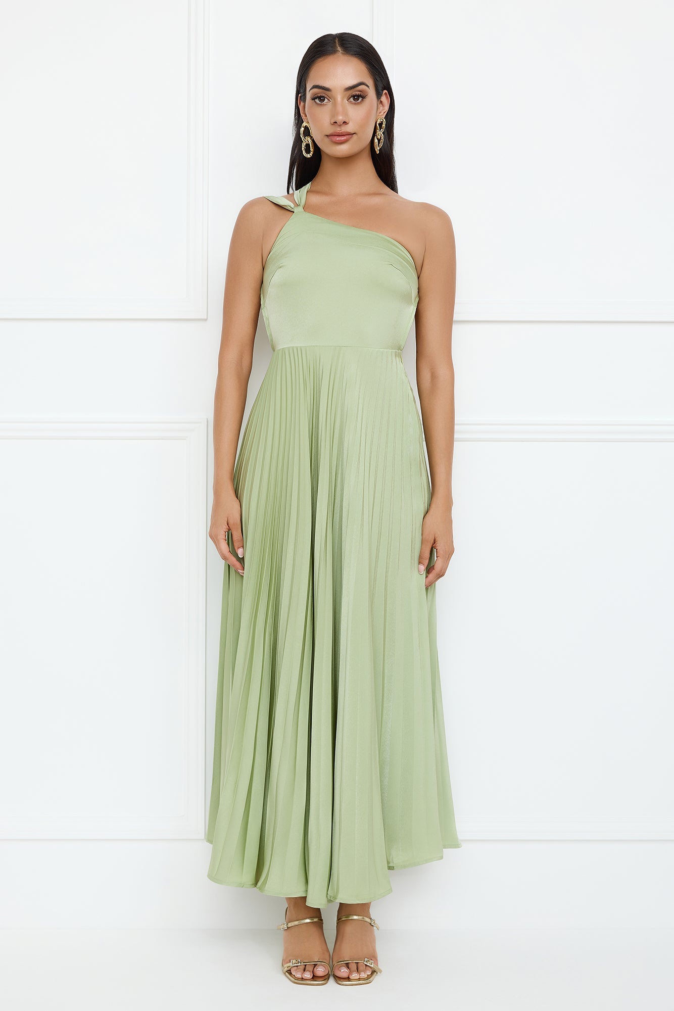 Rosé Reverie One Shoulder Satin Maxi Dress Sage