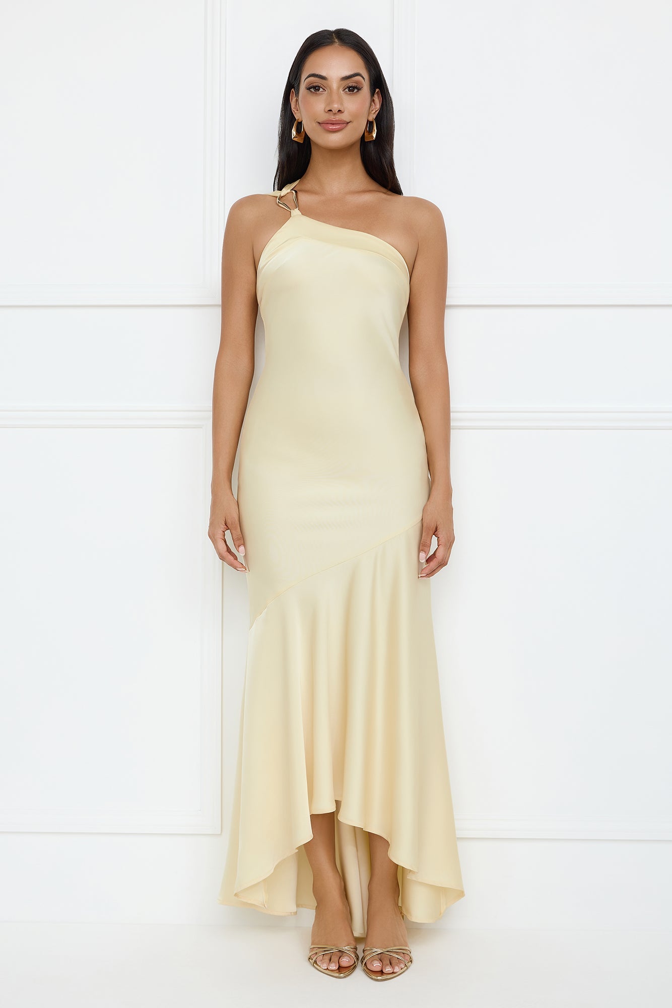 Masquerade Energy One Shoulder Satin Maxi Dress Yellow