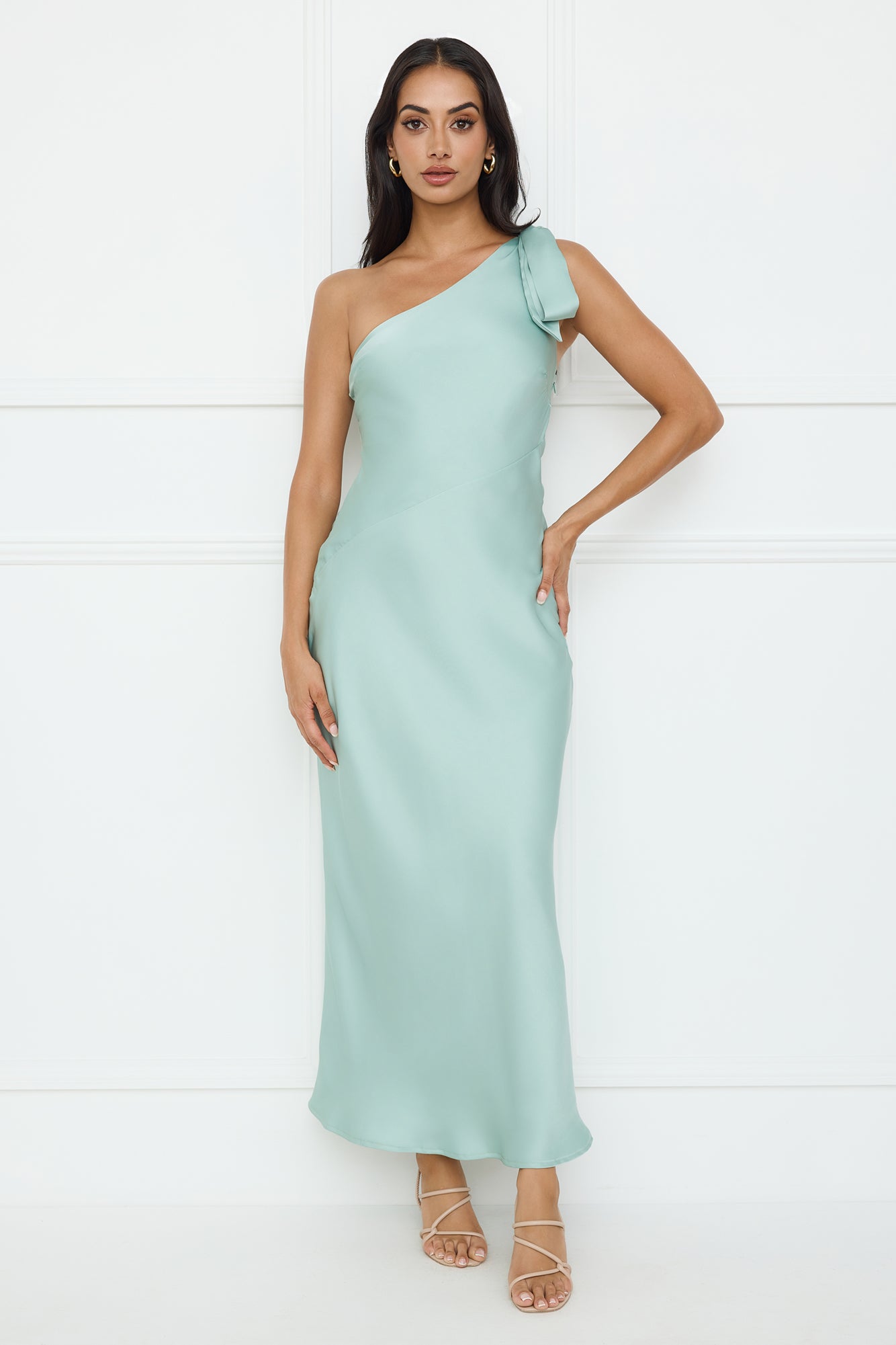 Night Of Distinction One Shoulder Satin Maxi Dress Sage
