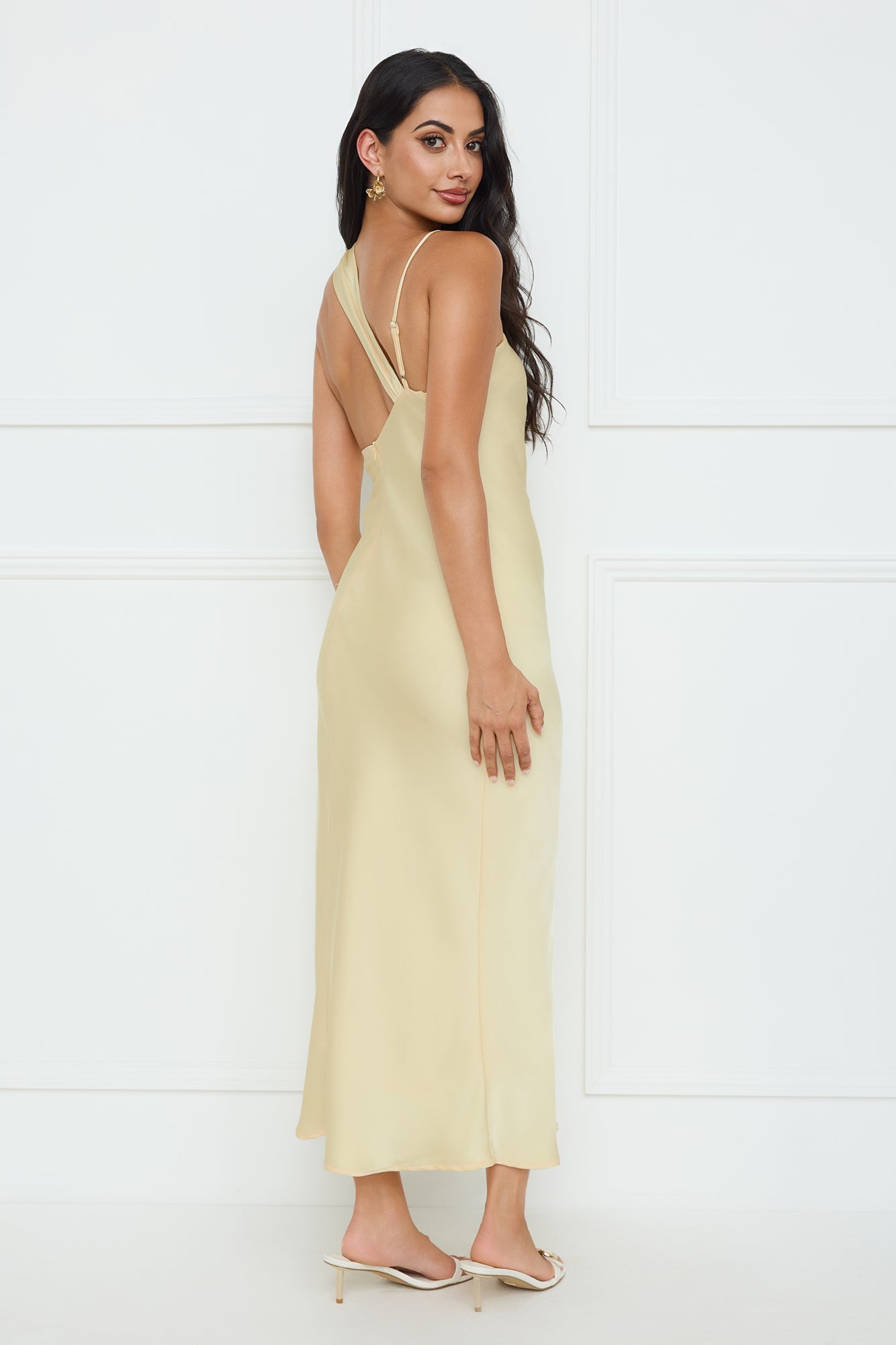 Whispering Palms Satin Midi Dress Yellow