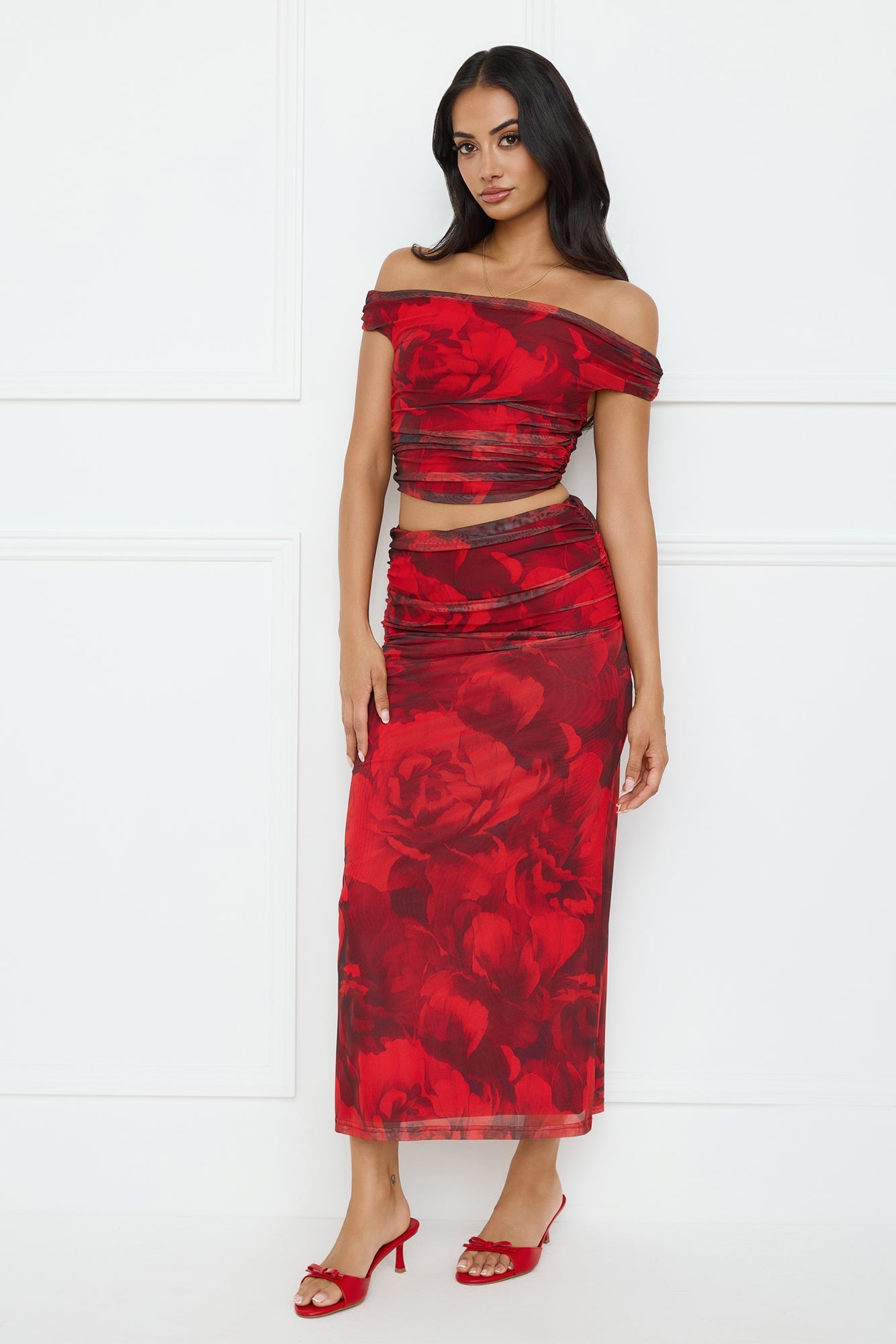 Spill The Goss Mesh Off Shoulder Crop Top Red