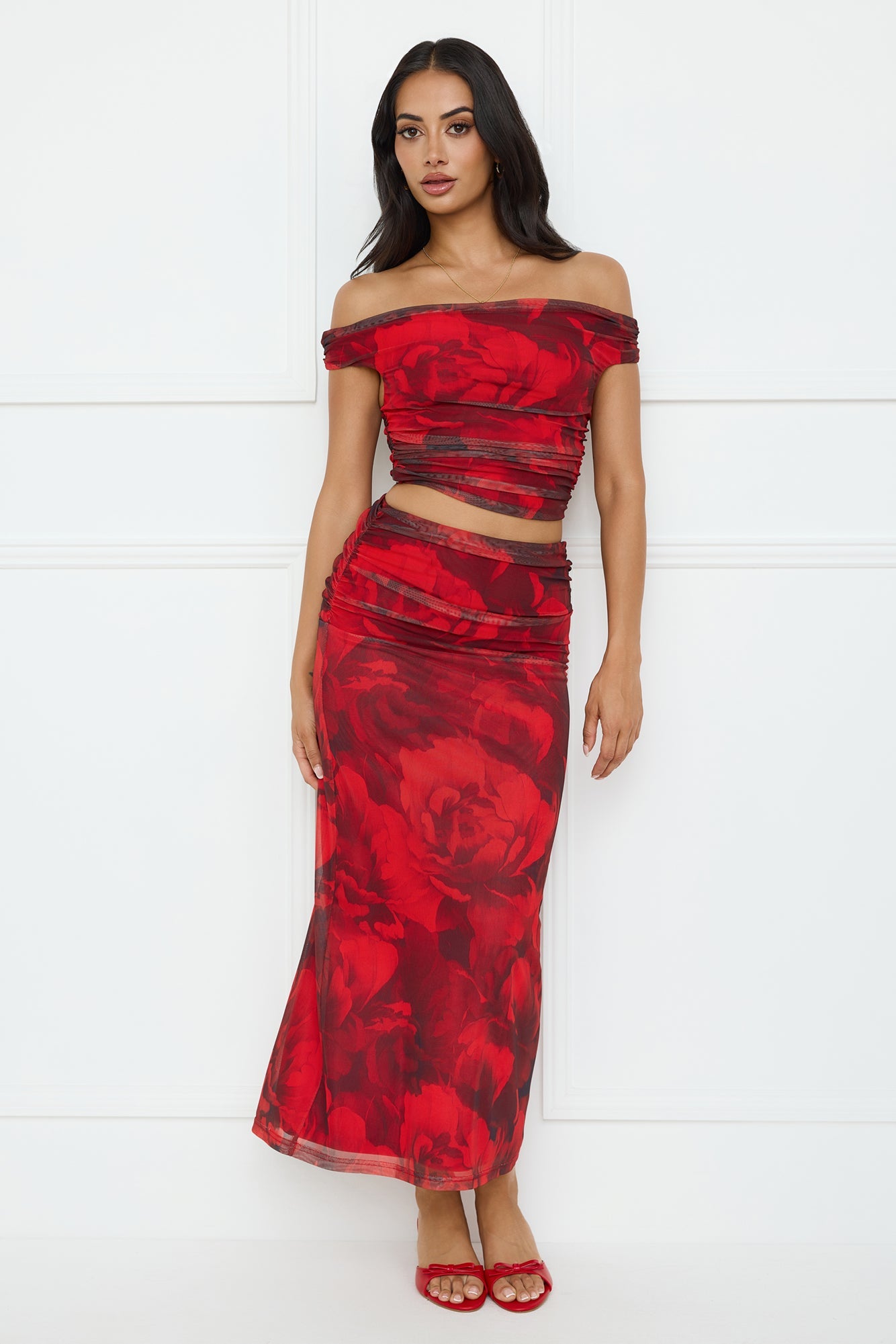 Spill The Goss Mesh Off Shoulder Crop Top Red