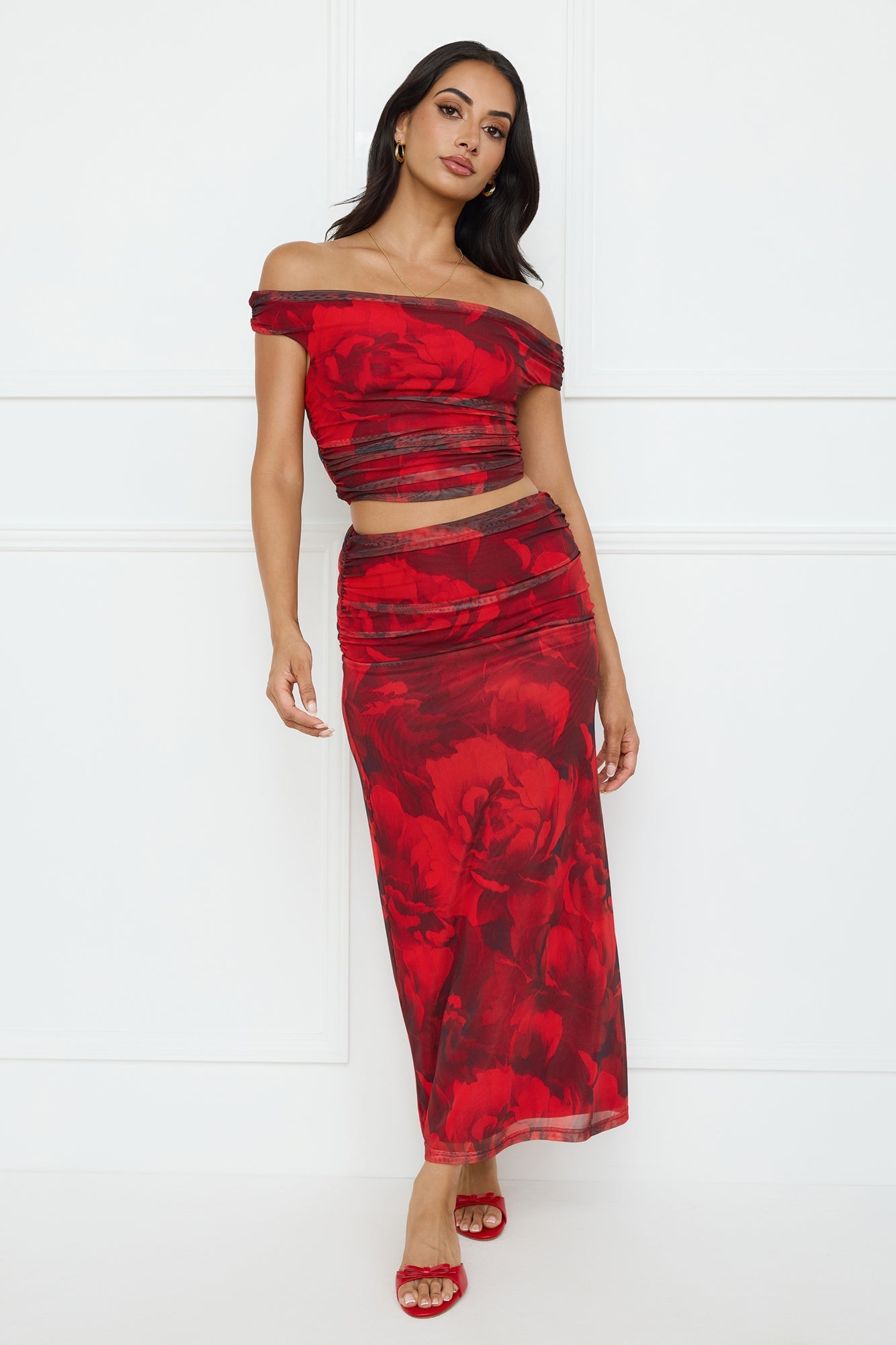 Spill The Goss Mesh Off Shoulder Crop Top Red