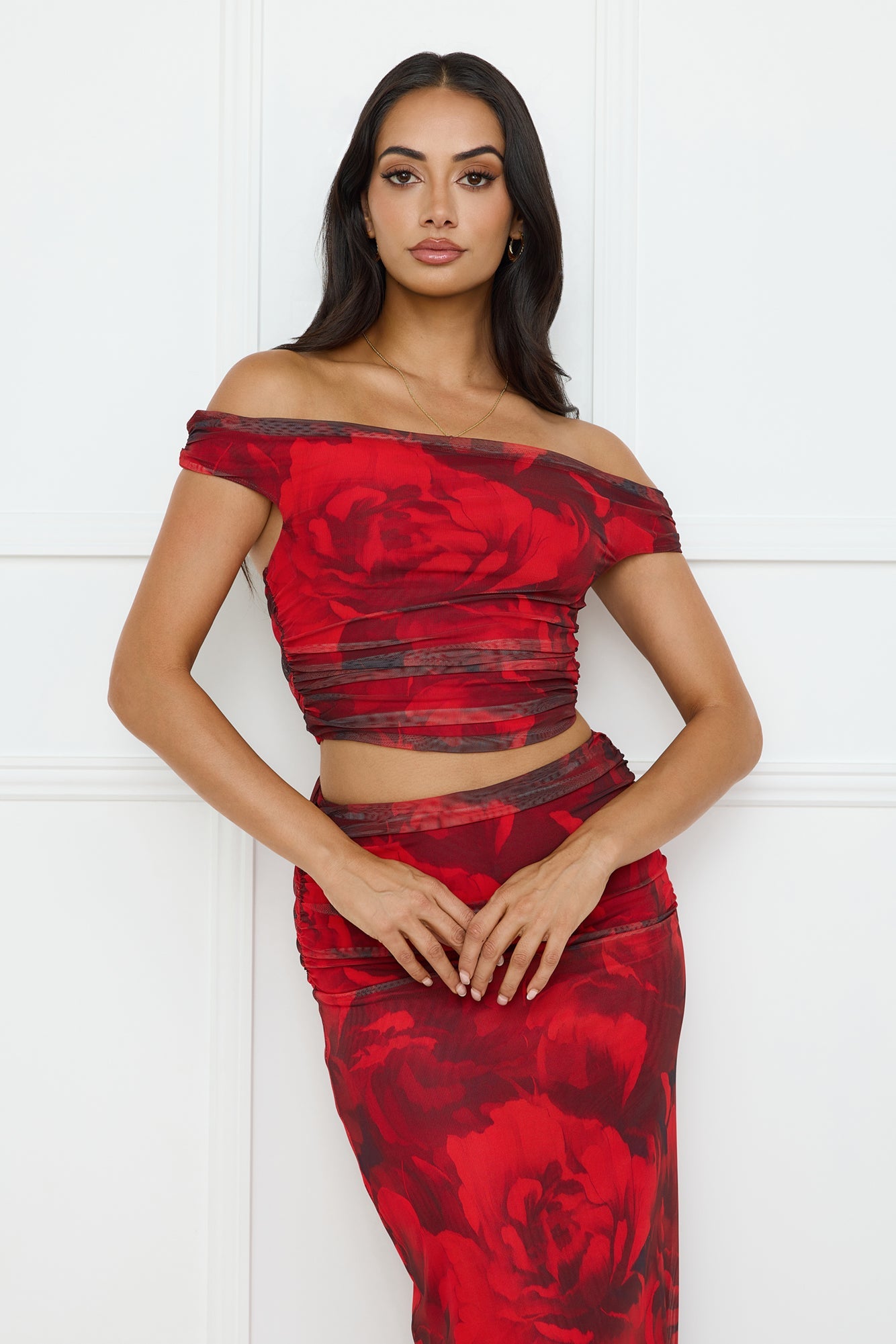 Spill The Goss Mesh Off Shoulder Crop Top Red