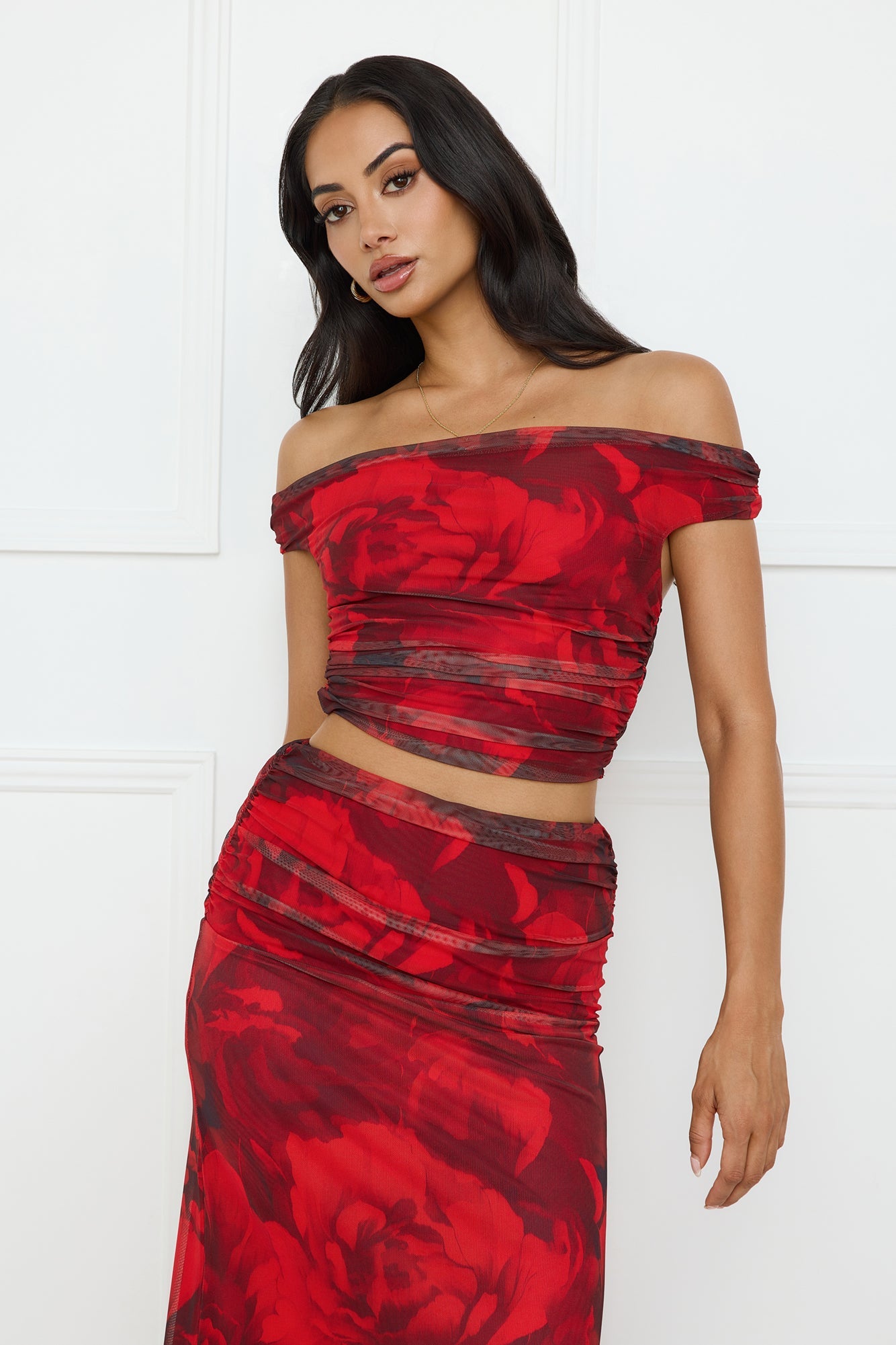Spill The Goss Mesh Off Shoulder Crop Top Red
