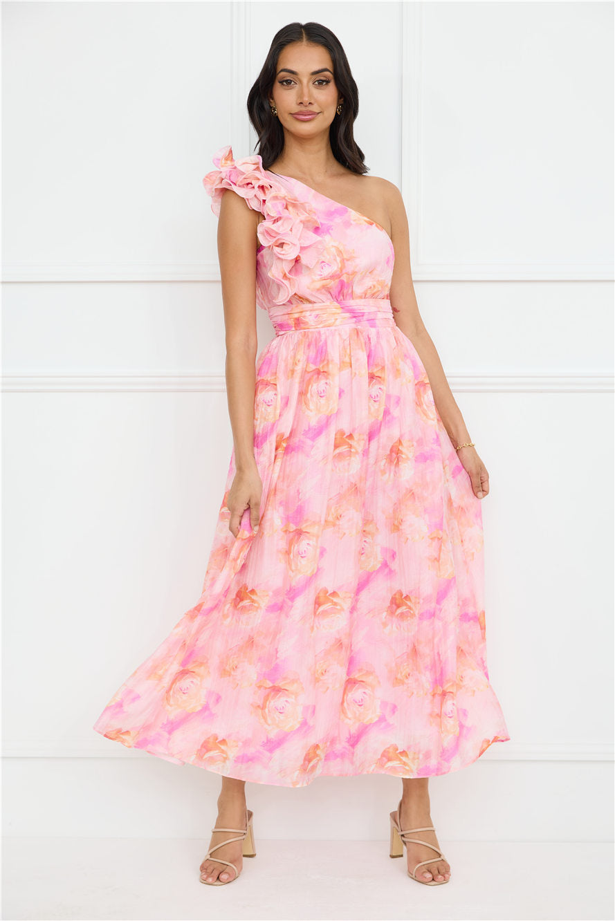 Rosy Haze One Shoulder Maxi Dress Pink