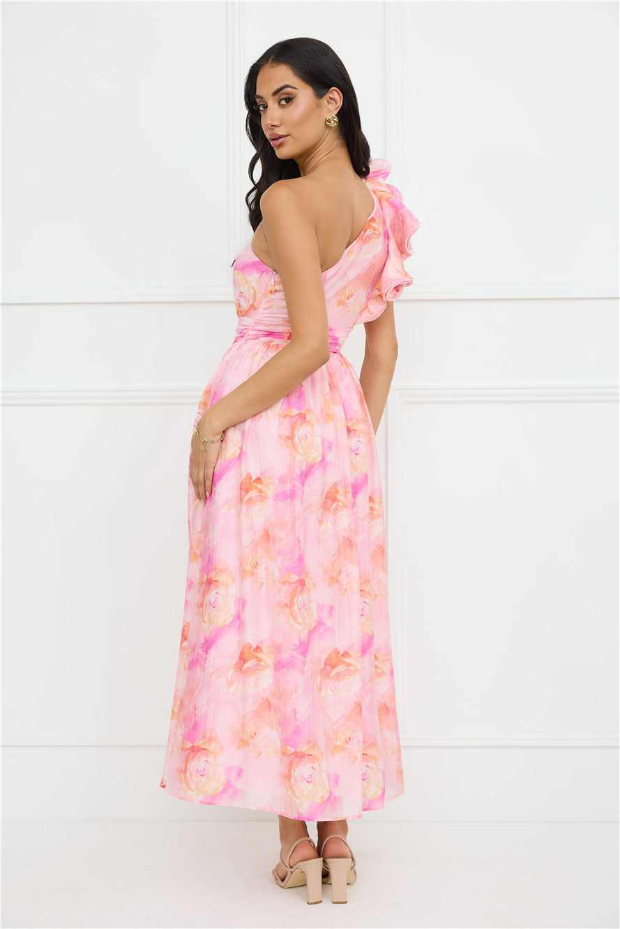 Rosy Haze One Shoulder Maxi Dress Pink