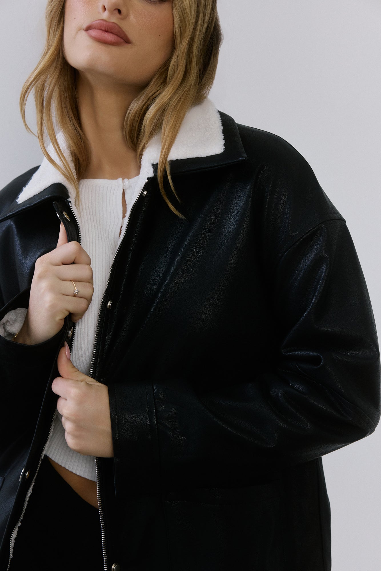 Midnight Snow Faux Leather Biker Jacket Black
