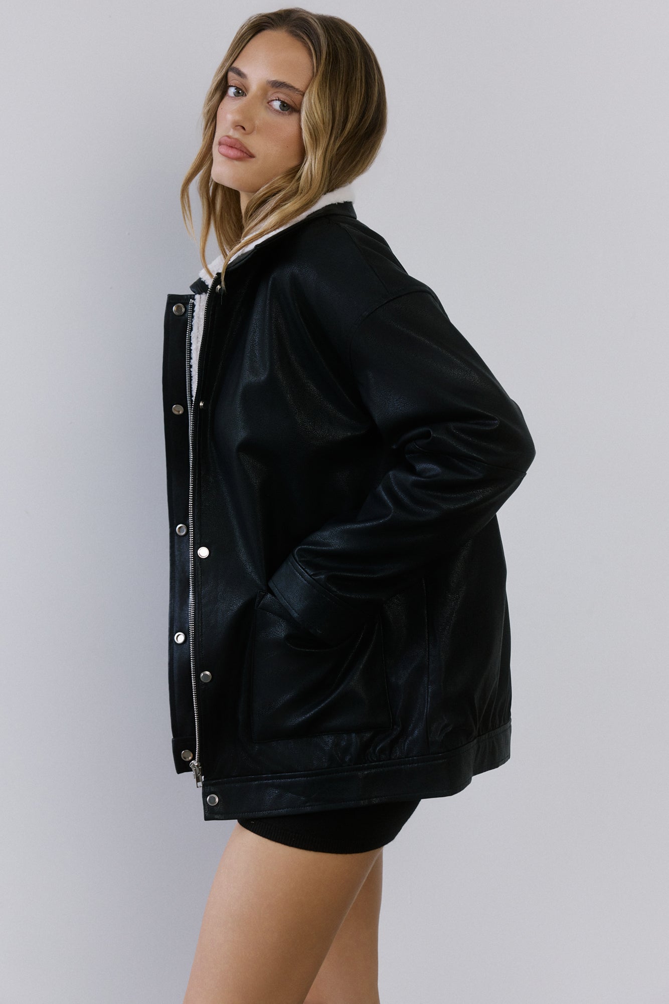 Midnight Snow Faux Leather Biker Jacket Black