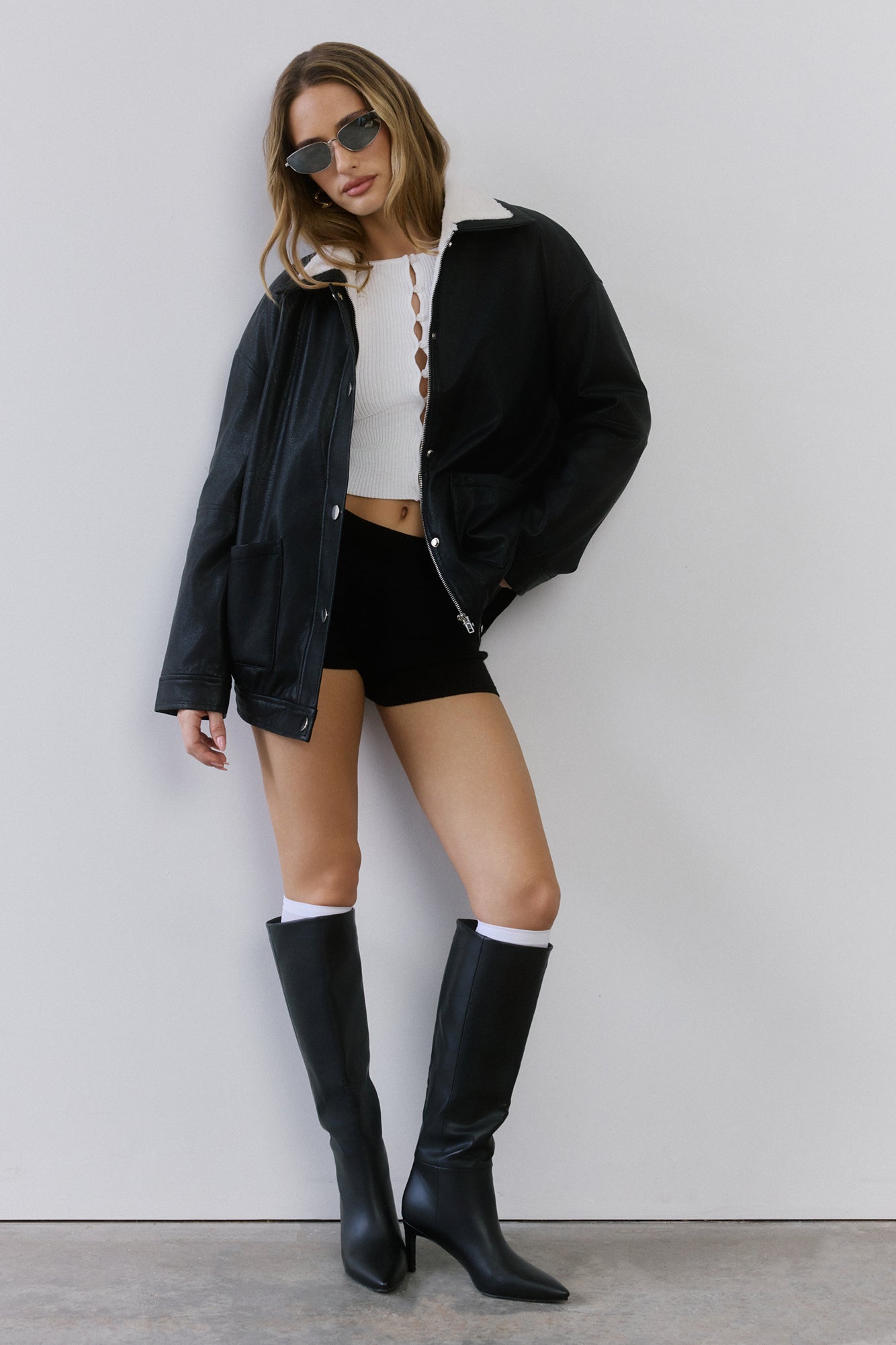 Midnight Snow Faux Leather Biker Jacket Black