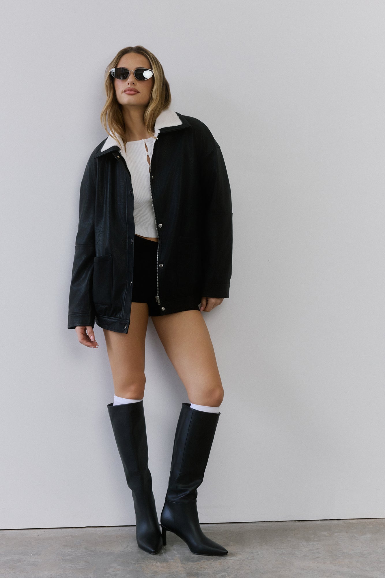 Midnight Snow Faux Leather Biker Jacket Black