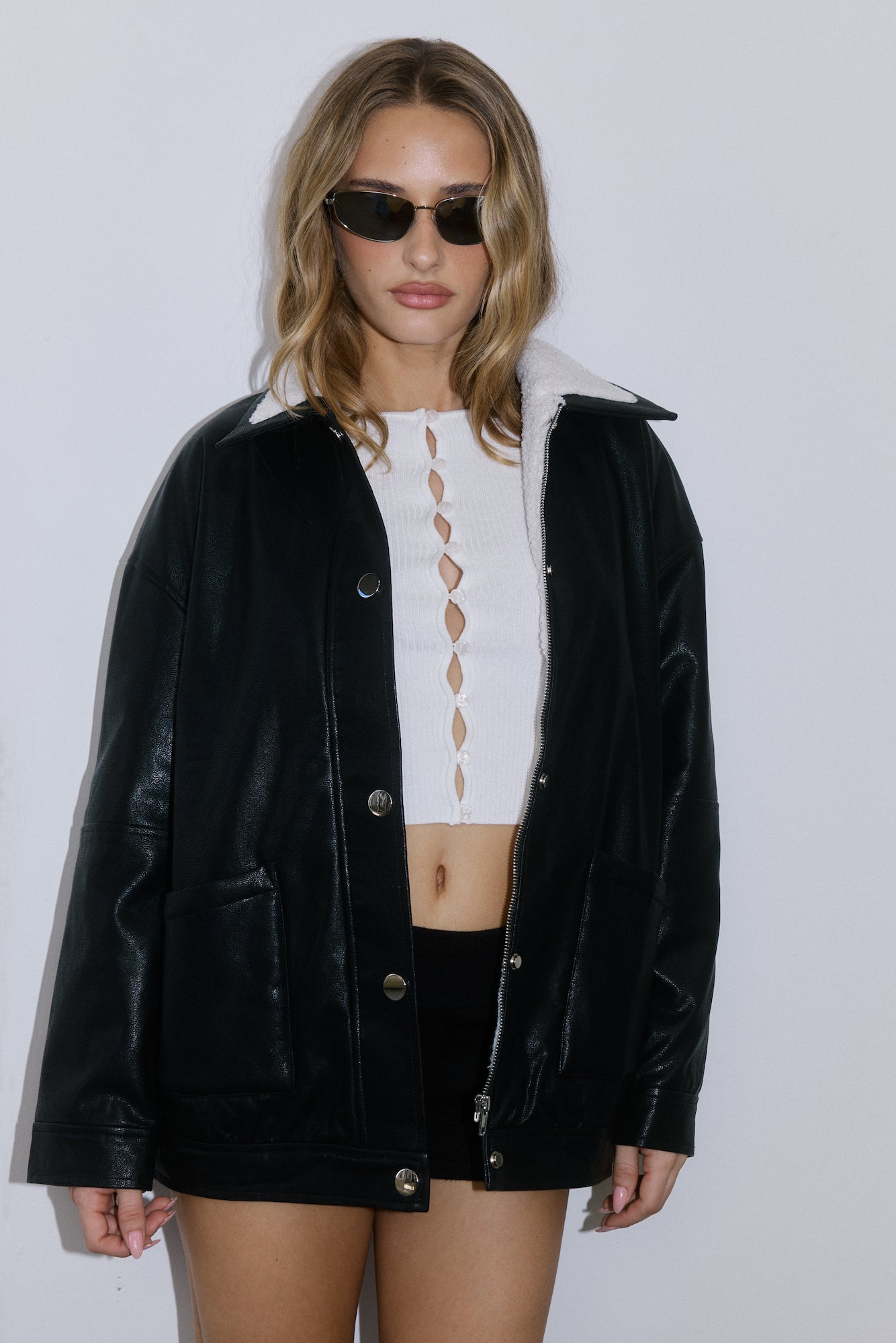 Midnight Snow Faux Leather Biker Jacket Black