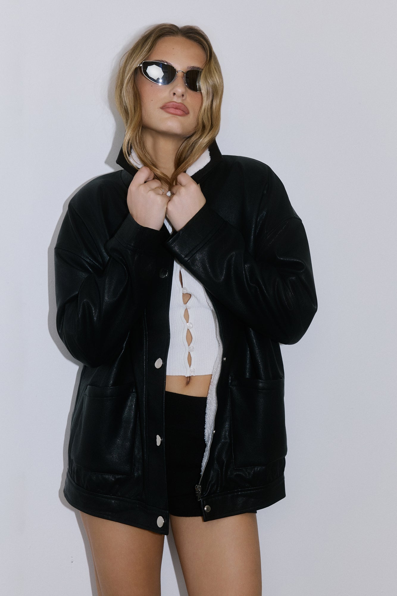 Midnight Snow Faux Leather Biker Jacket Black