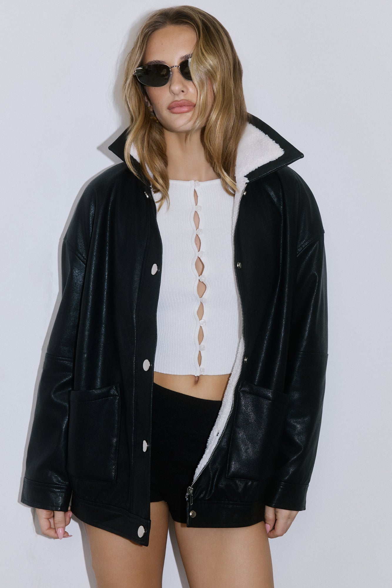 Midnight Snow Faux Leather Biker Jacket Black