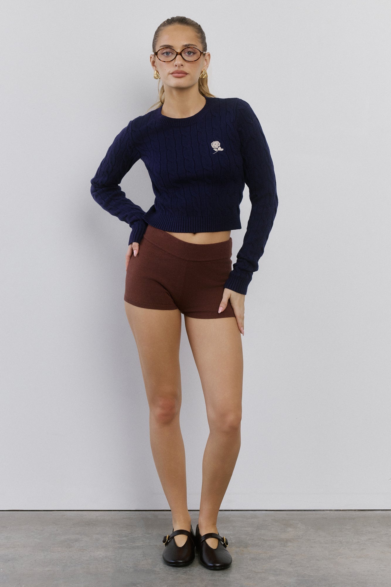 The Exclusive Cable Knit Rose Sweater Navy