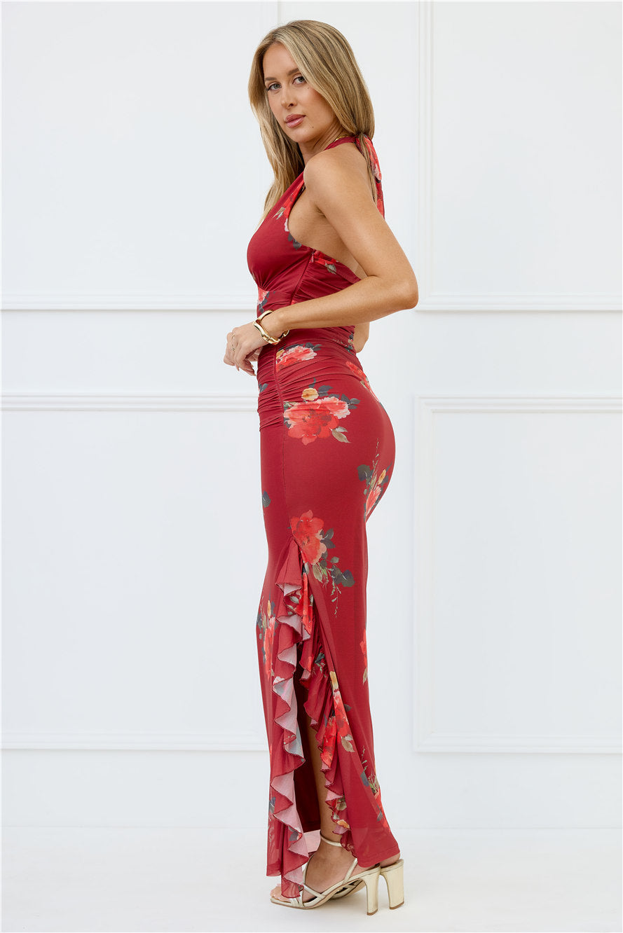 Seductive Sway Mesh Halter Maxi Dress Wine